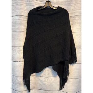 Black Knitted Fringe Poncho Shawl OS
